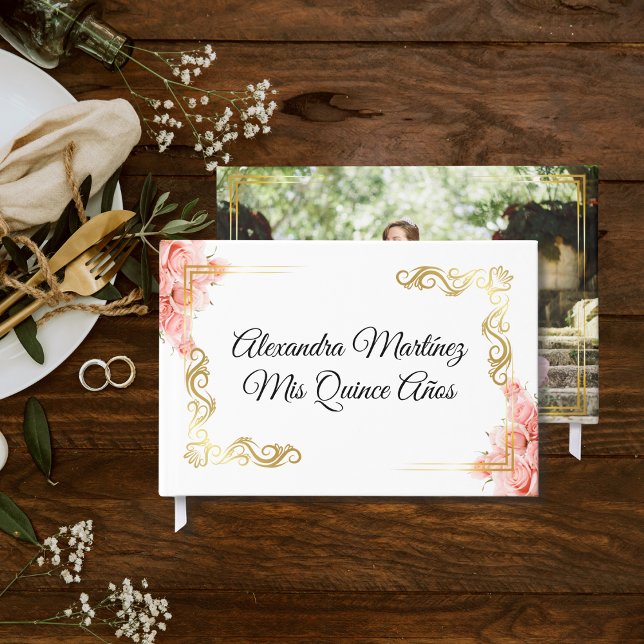 Livro De Visitas Frame Dourado Floral Branco Elegante Rosa Quinceañ (Criador carregado)