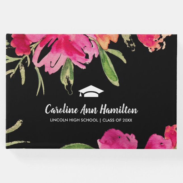 Livro De Visitas Fuchsia | Graduação Floral Negra (Frente)