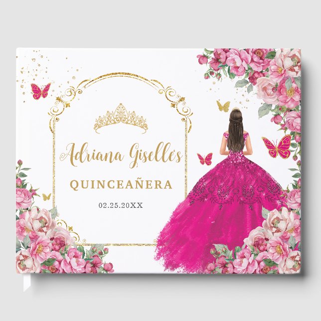 Livro De Visitas Fuchsia Hot Pink Floral Princesa Dourada Quinceañe (Frente)