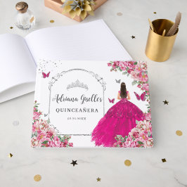 Livro De Visitas Fuchsia Pink Floral Princesa Silver Quinceanera