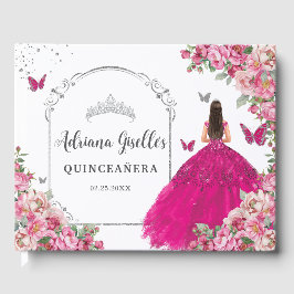 Livro De Visitas Fuchsia Pink Floral Princesa Silver Quinceanera