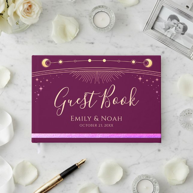 Livro De Visitas Fúcsia Celestial Dourado Sol Lua Estrelas Casament (Criador carregado)