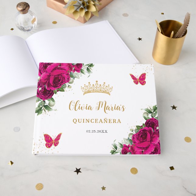 Livro De Visitas Fúcsia Floral Quinceanera Aniversário de 16 Anos D (Frente aberta)