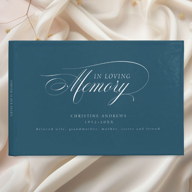 Livro De Visitas Funeral Elegante, Script "In Loving Memory" (Elegant, Script Font "In Loving Memory" Funeral Guest Book, Blue.)