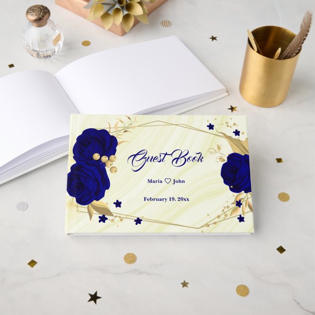 Livro De Visitas gic royal blue floral gold Folha geométrica (Frente aberta)