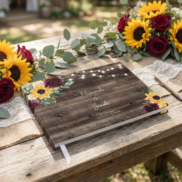 Livro De Visitas Girasóis e Rosas Casamento Rústico de Madeira