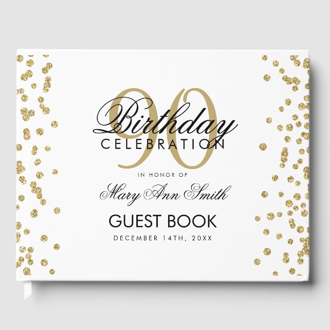 Livro De Visitas Glitter Confetti de aniversário de 90 Dourado (Frente)