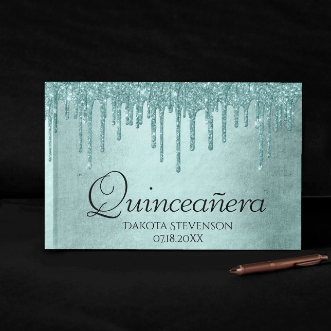 Livro De Visitas Glitter de Mensagem de Discagem | Aqua Teal Glam Q (Criador carregado)