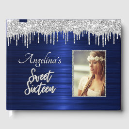 Livro De Visitas Glitter de Prata Metálica Azul com Script Elegante