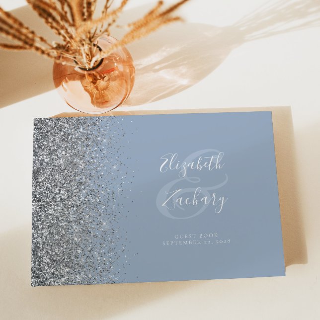 Livro De Visitas Glitter Moderno em Azul Poeirento Prata Script (Criador carregado)