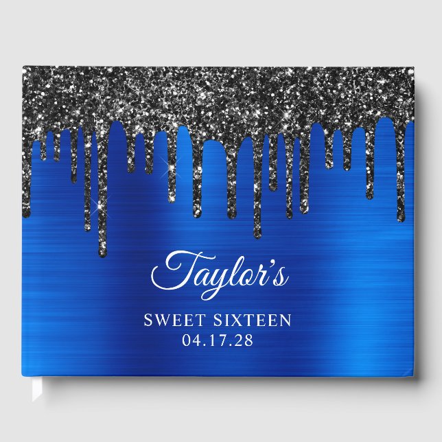 Livro De Visitas Glitter Negro Brilhante Grelha Azul Real Sweet 16 (Frente)