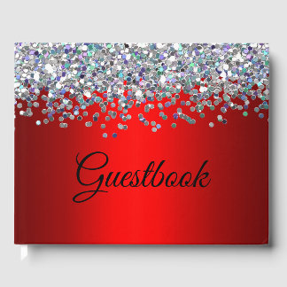 Livro De Visitas Glitter prateado e vermelho metálico