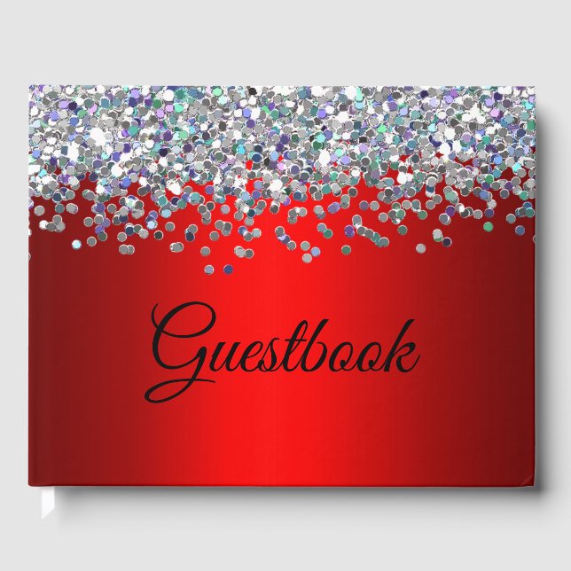 Livro De Visitas Glitter prateado e vermelho metálico (Frente)