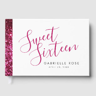 Livro De Visitas Glitter Rosa Quente Stripe Moderno Sweet 16