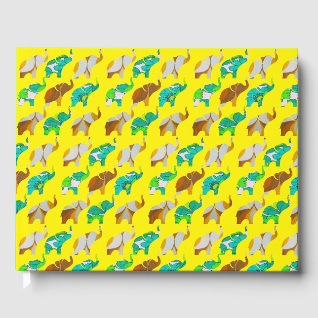 Livro De Visitas Gold & Blue Retro Elephants (Frente)