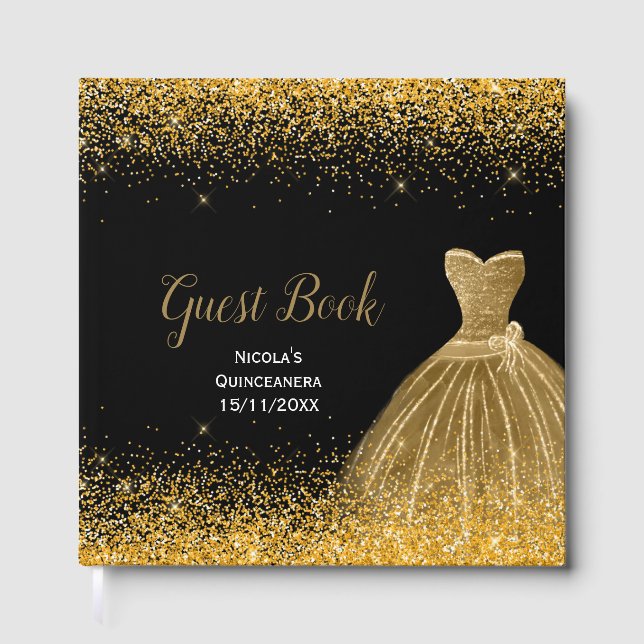 Livro De Visitas Gold Dress Faux Glitter Quinceanera (Frente)