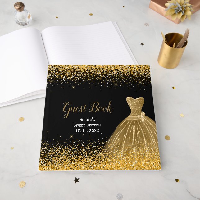 Livro De Visitas Gold Dress Faux Glitter Sweet 16  (Frente aberta)
