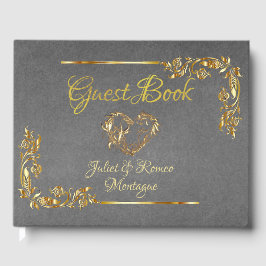 Livro De Visitas  Gold Heart on Grey with Gold Border