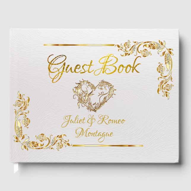 Livro De Visitas  Gold Heart on White Pearl with Gold Border (Frente)