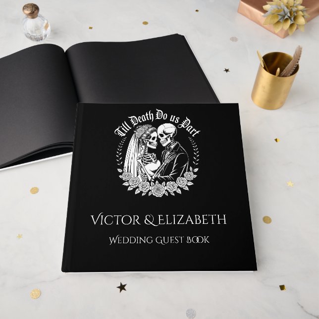 Livro De Visitas Gothic Elegant Till Death Black and White Weds (Frente aberta)