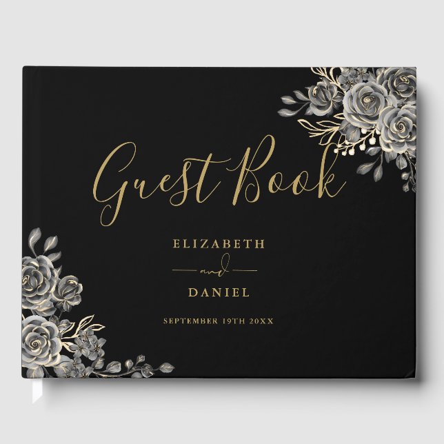 Livro De Visitas Gothic Floral Roses Black And Gold Photo Wedding (Frente)