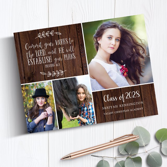 Livro De Visitas Graduação da Colagem de Fotos Versa da Bíblia de M (Rustic Wood Bible Verse Photo Collage Graduation Guest Book)