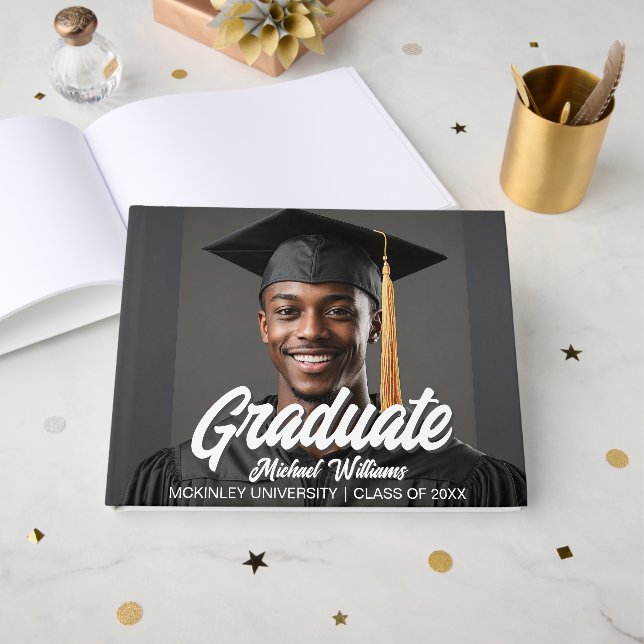 Livro De Visitas Graduate Photo with Bold Script Graduation Party (Frente aberta)