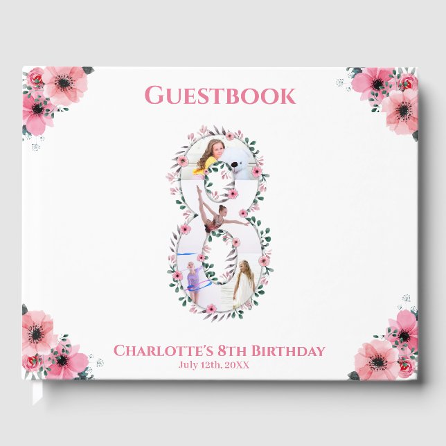 Livro De Visitas Grande Branca de Flor de Foto do 8.º Aniversário (Frente)