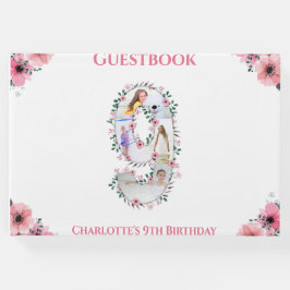 Livro De Visitas Grande Branca de Flor de Foto do 9º Aniversário