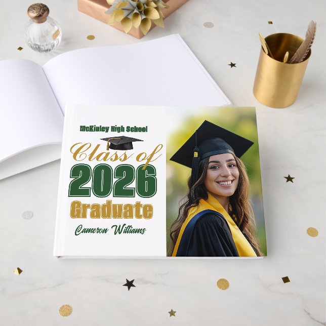 Livro De Visitas Green Gold Class of 2026 Graduation Photo (Frente aberta)