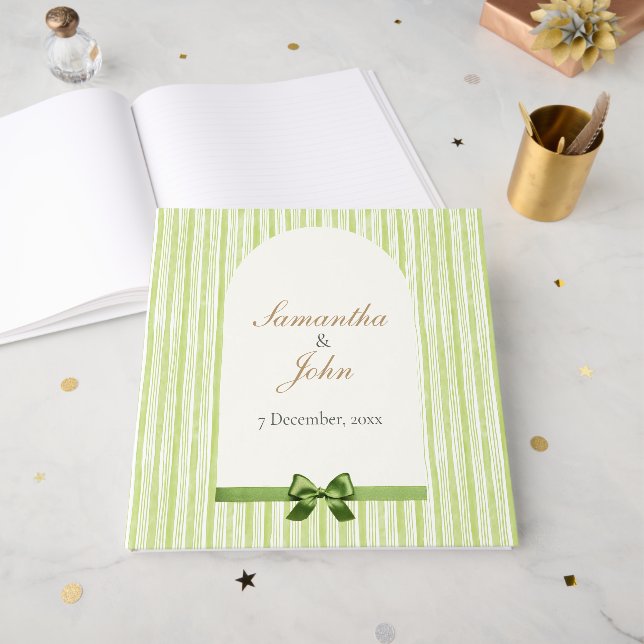 Livro De Visitas Green Striped Retro Wedding (Frente aberta)