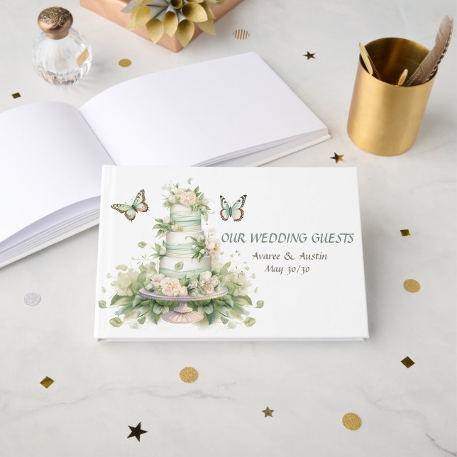 Livro De Visitas Green White Wedding Cake  (Frente aberta)