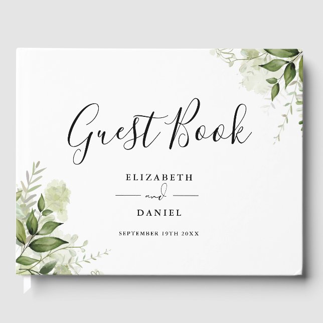 Livro De Visitas Greenery Floral Elegant Script Photo Wedding (Frente)