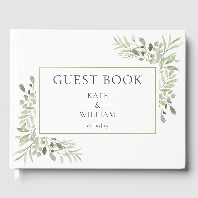 Livro De Visitas Greenery Floral Modern Elegant Photo Wedding (Frente)