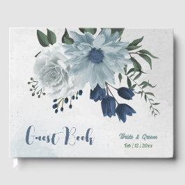 Livro De Visitas gu floral romântico branco poeirento e azul marinh