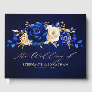 Livro De Visitas Gue de Casamento Floral Dourado Metálico Real Azu