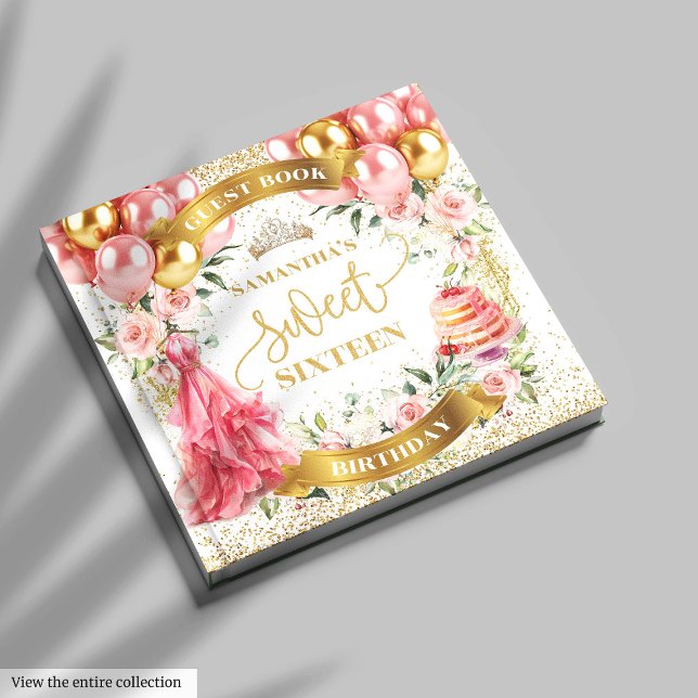 Livro De Visitas Guest Book Sweet 16 Blush Pink Vestido Dourado (Elegant Sweet Sixteen Guest Book Blush Gold)