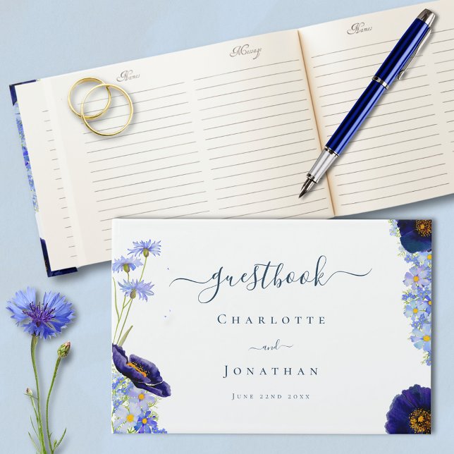Livro De Visitas Guest de Casamento Azul de Flor Selvagem Elegante (Elegant blue summer floral watercolor wildflowers stylish typography script wedding guest book)