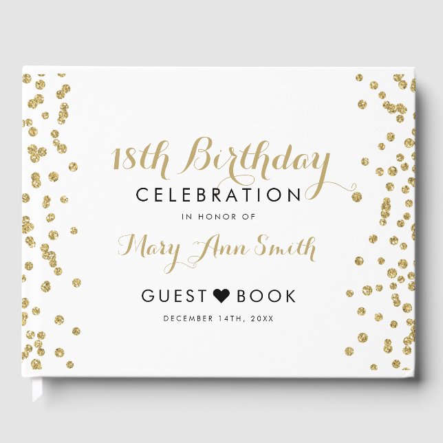 Livro De Visitas GuestBook 18th Birthday Dourado Glitter Confetti (Frente)
