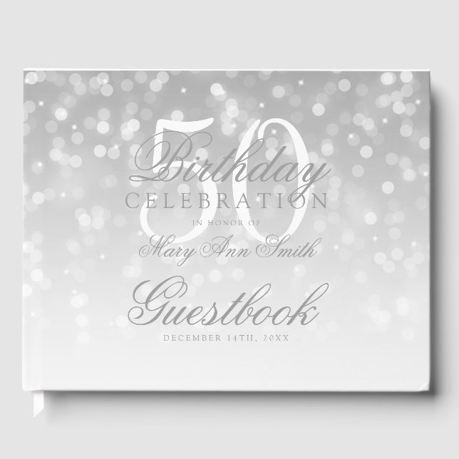 Livro De Visitas Guestbook 50º Aniversário Silver Bokeh Sparkle Lig (Frente)