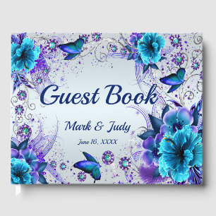 Livro De Visitas Guestbook azul floral e da borboleta do casamento