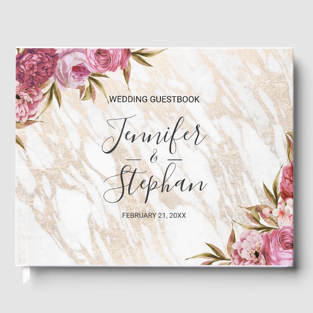 Livro De Visitas Guestbook Chic Pink Floral Dourado Marble Casado (Frente)