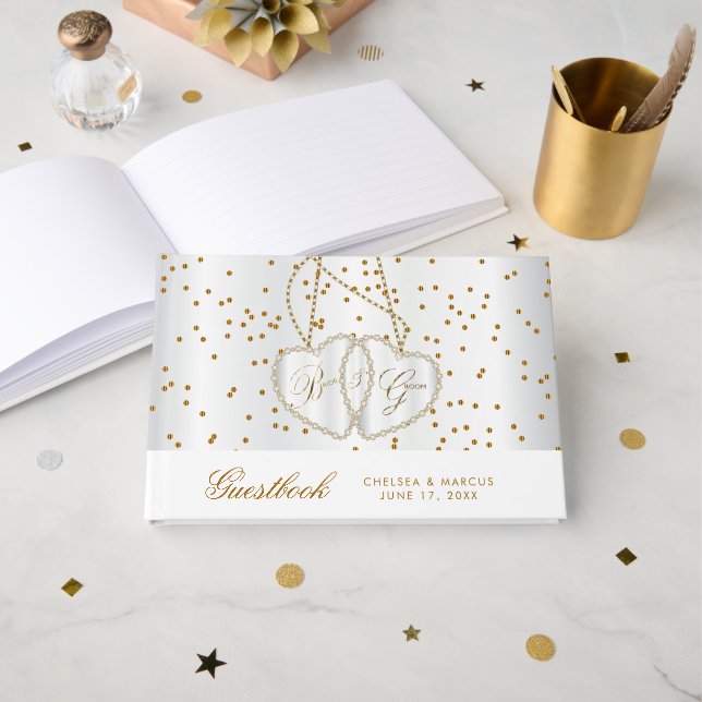 Livro De Visitas Guestbook Confetti Dourado Dots and Diamond Hearts (Frente aberta)