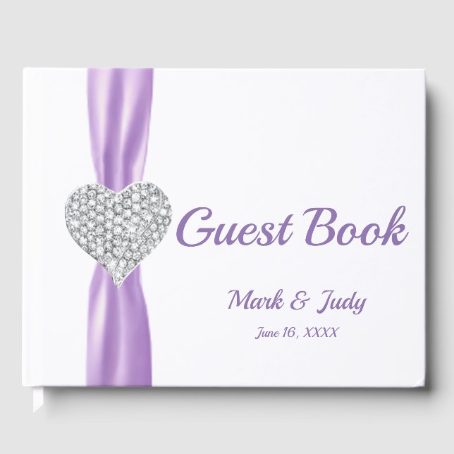 Livro De Visitas Guestbook de Casamento Cardíaco com Diamante Roxo (Frente)
