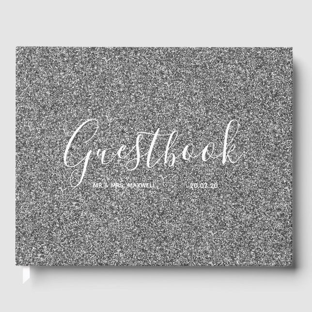 Livro De Visitas Guestbook de Casamento | Chic Silver Glitter (Frente)