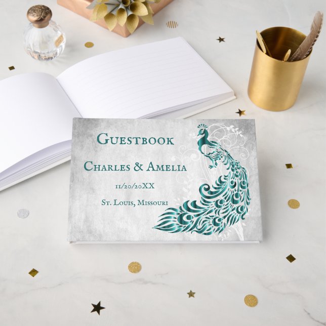 Livro De Visitas Guestbook de Casamento com Vinha de Palha de Teal  (Frente aberta)