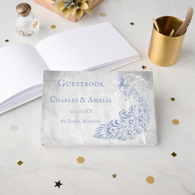 Livro De Visitas Guestbook de Casamento com Vinha de Pavão Azul-Cla (Frente aberta)