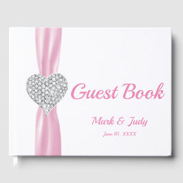 Livro De Visitas Guestbook de Casamento Coração com Diamante Rosa