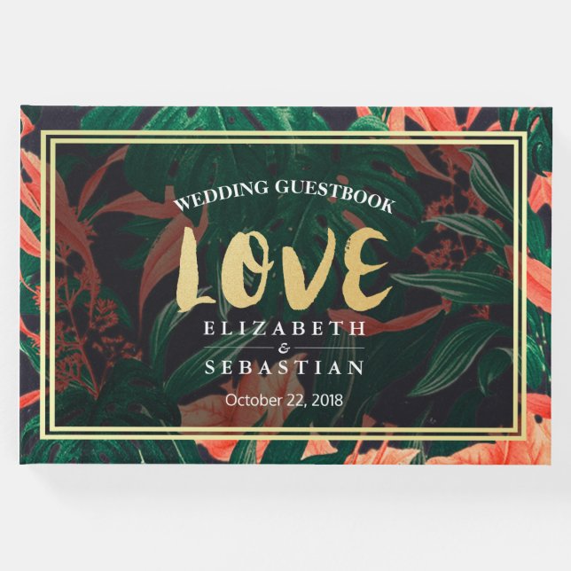 Livro De Visitas Guestbook de casamento da Dourada planta tropical  (Frente)