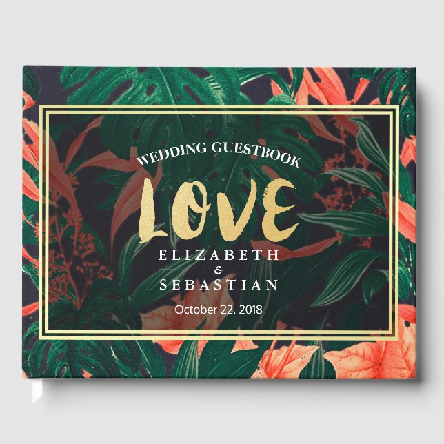 Livro De Visitas Guestbook de casamento da Dourada planta tropical  (Frente)